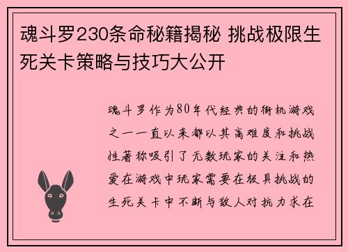 魂斗罗230条命秘籍揭秘 挑战极限生死关卡策略与技巧大公开