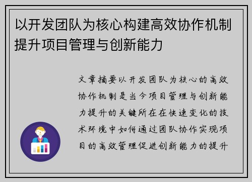以开发团队为核心构建高效协作机制提升项目管理与创新能力