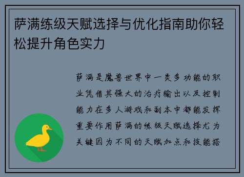 萨满练级天赋选择与优化指南助你轻松提升角色实力